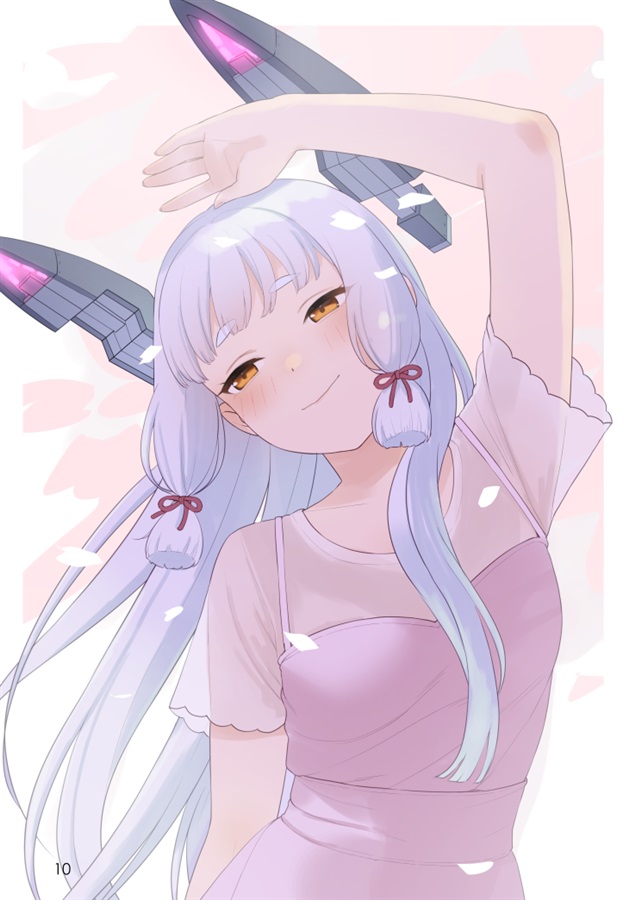1girl blush camisole cherry_blossoms headgear kantai_collection long_hair looking_to_the_side murakumo_(kancolle) orange_eyes petals sakiecho smile solo white_hair