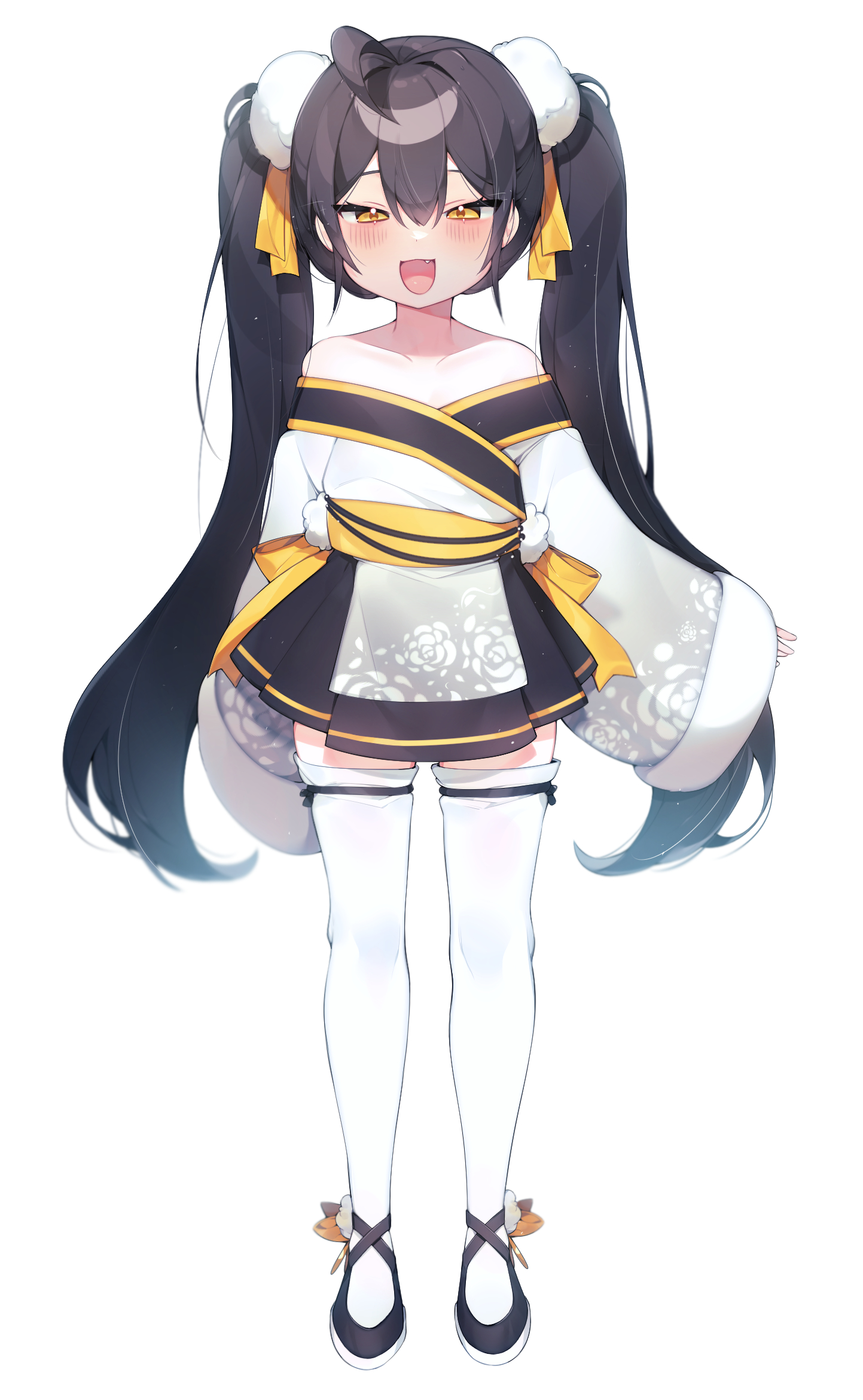 1girl :d ahoge arm_at_side bare_shoulders black_hair black_shoes black_skirt blush collarbone commission fang full_body fur-trimmed_sleeves fur_trim gradient_clothes gradient_kimono hair_between_eyes hair_ornament hair_ribbon half-closed_eyes highres japanese_clothes kimono leg_ribbon long_hair long_sleeves looking_at_viewer miniskirt off_shoulder open_mouth original pleated_skirt pom_pom_(clothes) print_sleeves ribbon sash sen_light shoes short_kimono simple_background skirt sleeves_past_wrists smile solo standing straight-on thigh_ribbon thighhighs twintails very_long_hair white_background white_sleeves white_thighhighs wide_sleeves yellow_eyes yellow_ribbon yellow_sash zettai_ryouiki