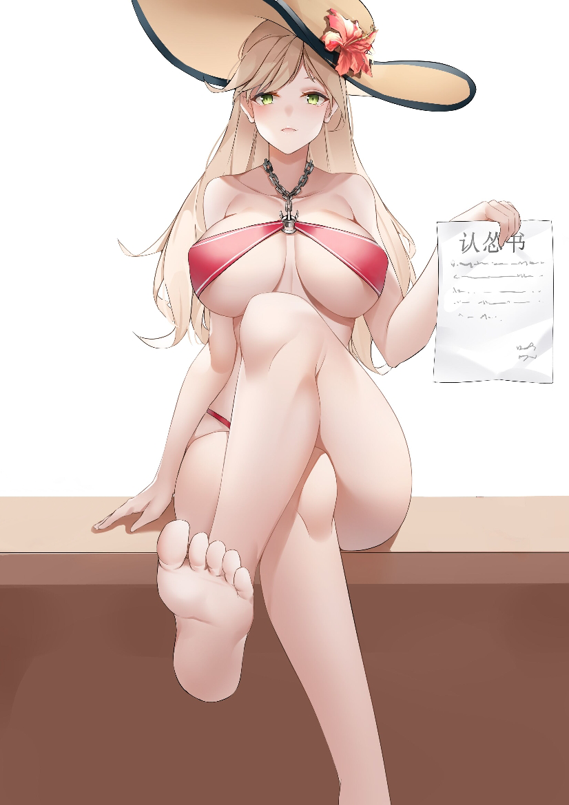 1girl barefoot bikini blonde_hair crossed_legs feet green_eyes large_hat long_hair looking_at_viewer missouri_(warship_girls_r) paper sitting soles swimsuit toes warship_girls_r