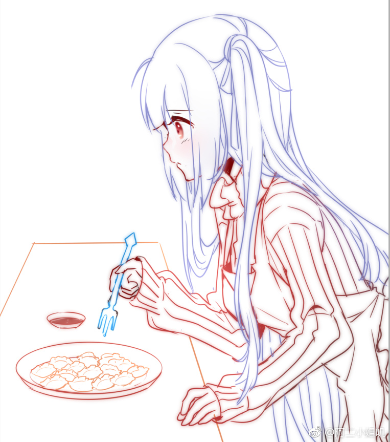 1girl aer_(tengqiu) alternate_costume apron blunt_bangs blush cup dumpling food fork from_side holding jiaozi lineart long_hair long_sleeves plate red_eyes ribbed_sweater solo sweater table two_side_up warship_girls_r