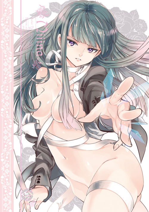 1girl bad_id bad_pixiv_id bandages black_hair blazer breasts darker_than_black female_focus foreshortening hair_censor hair_over_breasts hazuki_mina_(darker_than_black) jacket looking_at_viewer medium_breasts navel nude ocha_(oteaaa) off_shoulder outstretched_arm purple_eyes solo tsurime