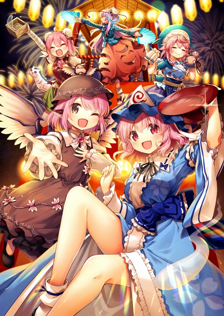 5girls ahoge alcohol animal_ears animal_hat aqua_shirt bandaged_arm bandages bird_ears bird_wings black_footwear blue_headwear blue_kimono blue_shirt blush brown_dress brown_eyes brown_headwear bubble_skirt bun_cover closed_eyes closed_mouth collared_shirt color_connection commentary_request cup dress earrings fingernails folding_fan frilled_dress frilled_sleeves frills gourd green_nails green_skirt hair_between_eyes hair_color_connection hand_fan hat hata_no_kokoro holding holding_cup holding_fan hyottoko_mask ibaraki_kasen japanese_clothes jewelry kapuchii kimono long_hair long_sleeves mask mask_on_head masu mob_cap multiple_girls mystia_lorelei nail_polish okunoda_miyoi one_eye_closed open_mouth orange_skirt pink_eyes pink_hair plaid_clothes plaid_shirt pleated_skirt purple_skirt raijuu revision saigyouji_yuyuko sakazuki sake shirt shoes short_hair short_sleeves single_earring skirt sleeve_garter smile socks tabard touhou triangular_headpiece whale_hat white_shirt white_socks white_wings wide_sleeves winged_hat wings