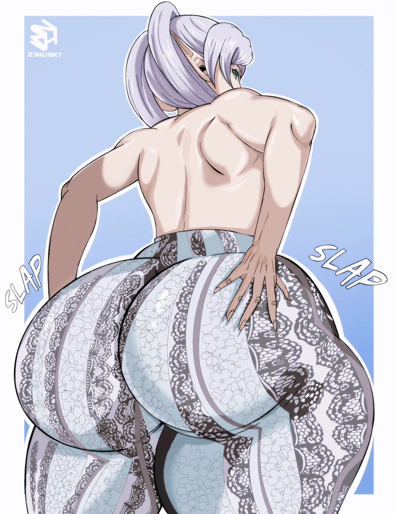 1girl alternate_ass_size alternate_costume ass ass_focus forbidden_pants frieren from_behind green_eyes huge_ass long_hair looking_at_viewer looking_back meme_attire pants print_pants solo sousou_no_frieren topless_female twintails white_hair white_pants z3husky