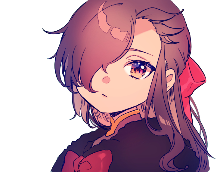 1boy bow brown_eyes brown_hair brown_shirt closed_mouth crossdressing crossdressing_(mtf) hair_bow hair_over_one_eye long_hair looking_at_viewer male_focus natsumi_schwarz re:zero_kara_hajimeru_isekai_seikatsu red_bow rinndouk shirt simple_background solo upper_body white_background