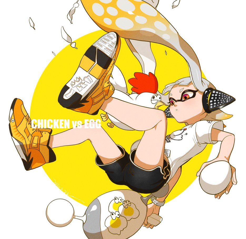 1girl bird black_shorts blonde_hair blunt_bangs chicken commentary dolphin_shorts egg english_text feathers floating gradient_hair headgear high_tops holding holding_weapon inkling inkling_girl inkling_player_character long_hair luna_blaster_(splatoon) multicolored_hair nintendo parted_lips pointy_ears print_shirt red_eyes shirt shoes short_shorts short_sleeves shorts silver_hair sneakers solo splatoon_(series) splatoon_2 tentacle_hair very_long_hair weapon white_shirt yellow_shoes yeneny