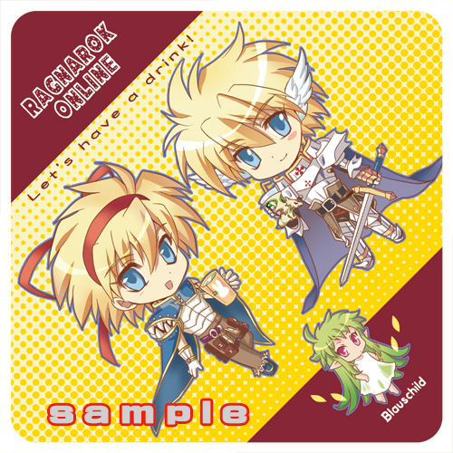 1girl 2boys armor armored_boots belt belt_pouch black_belt blonde_hair blue_cape blue_eyes blue_shoes boots breastplate brown_belt brown_pants cape chibi chibi_only closed_mouth coaster commentary_request creator_(ragnarok_online) cross cup dress dutch_angle feathered_wings full_body gauntlets gloves green_hair hair_ribbon hairband head_wings holding holding_cup holding_sword holding_weapon leg_armor lif_(ragnarok_online) long_hair looking_at_viewer lowres male_focus multiple_boys open_mouth paladin_(ragnarok_online) pants pauldrons pouch ragfes ragnarok_online red_hairband red_ribbon ribbon shijou_satori shirt shoes short_hair shoulder_armor smile sword weapon white_dress white_gloves white_shirt white_wings wings