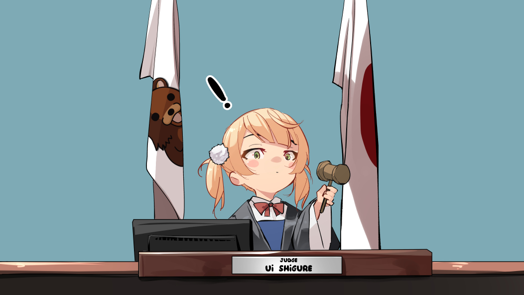 ! 1girl blush_stickers closed_mouth commentary english_commentary green_eyes hair_ornament hammer holding holding_hammer indie_virtual_youtuber japanese_flag judge pedobear pom_pom_(clothes) pom_pom_hair_ornament shigure_ui_(vtuber) shigure_ui_(vtuber)_(young) short_hair solo sydus twintails virtual_youtuber