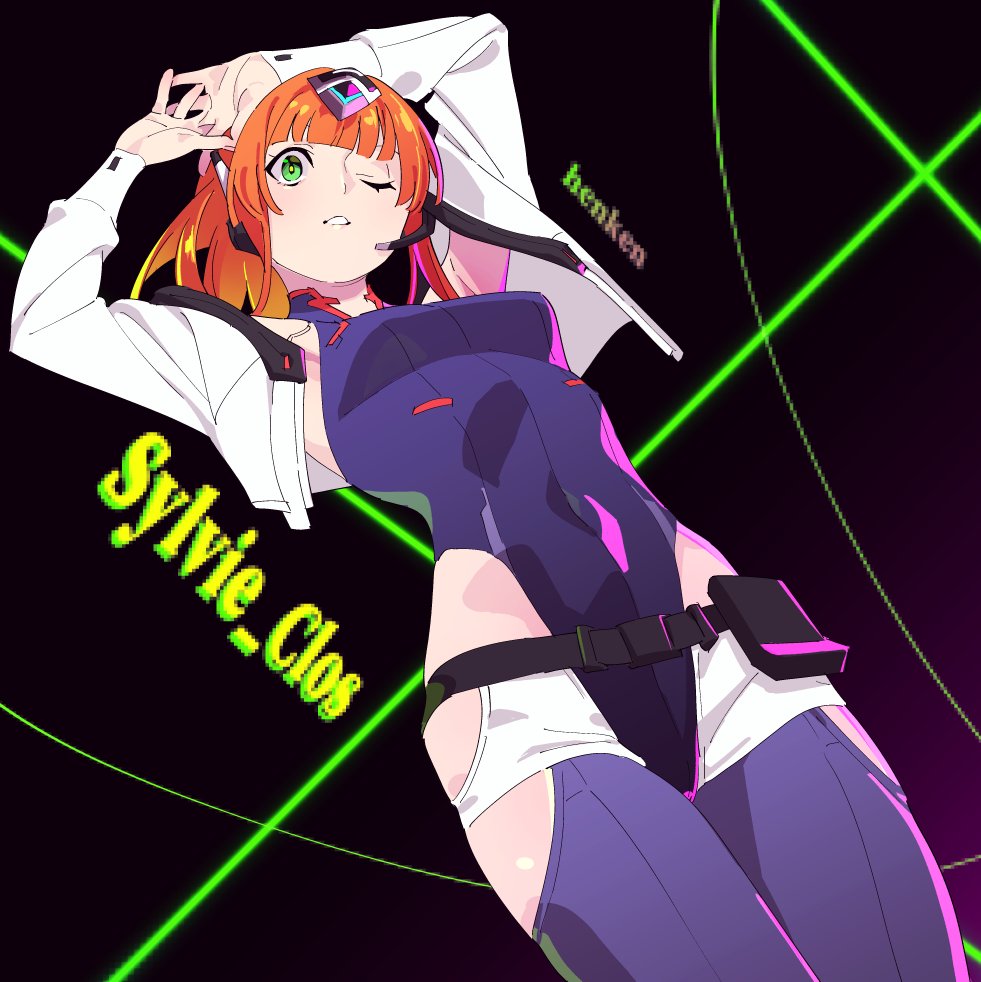 1girl abstract_background arms_up artist_name blunt_bangs breasts commission cosplay covered_navel cowboy_shot cropped_jacket cyberpunk_(series) cyberpunk_edgerunners dutch_angle from_below halter_leotard halterneck henken highleg highleg_leotard jacket leotard long_hair long_sleeves looking_at_viewer lucy_(cyberpunk) lucy_(cyberpunk)_(cosplay) medium_breasts one_eye_closed open_clothes open_jacket orange_hair original parted_lips pouch purple_leotard short_shorts shorts skeb_commission solo teeth white_jacket white_shorts