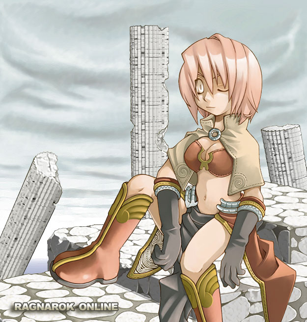 1girl 2000s_(style) bikini bikini_top_only black_gloves boots breasts brown_bikini brown_boots brown_capelet brown_skirt capelet cleavage closed_mouth cobblestone column commentary_request copyright_name elbow_gloves foot_out_of_frame gloves grey_sky large_breasts looking_at_viewer mage_(ragnarok_online) midriff navel one_eye_closed overcast pelnya pelvic_curtain pillar pink_hair ragnarok_online short_hair showgirl_skirt skirt sky smile solo swimsuit white_eyes