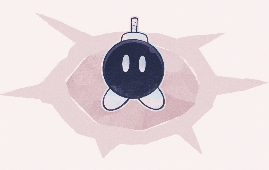 bobby_(paper_mario) bomb brown_background commentary_request crater dama8457 explosive fuse mario_(series) nintendo no_humans outline paper paper_mario paper_mario:_the_origami_king solid_oval_eyes solo standing straight-on white_eyes white_outline