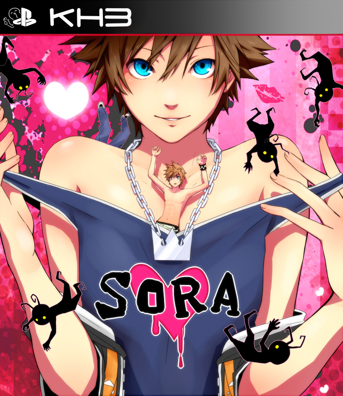 3boys ^_^ ^q^ atlus bad_id bad_pixiv_id blue_eyes brown_hair bunta01 catherine_(game) catherine_cover_parody clothes_writing cover fake_cover giant heart heartless jewelry kingdom_hearts kingdom_hearts_358/2_days male_focus multiple_boys necklace parody riku_(kingdom_hearts) roxas shadow_(kingdom_hearts) short_hair smile sora_(kingdom_hearts) tank_top topless_male video_game_cover