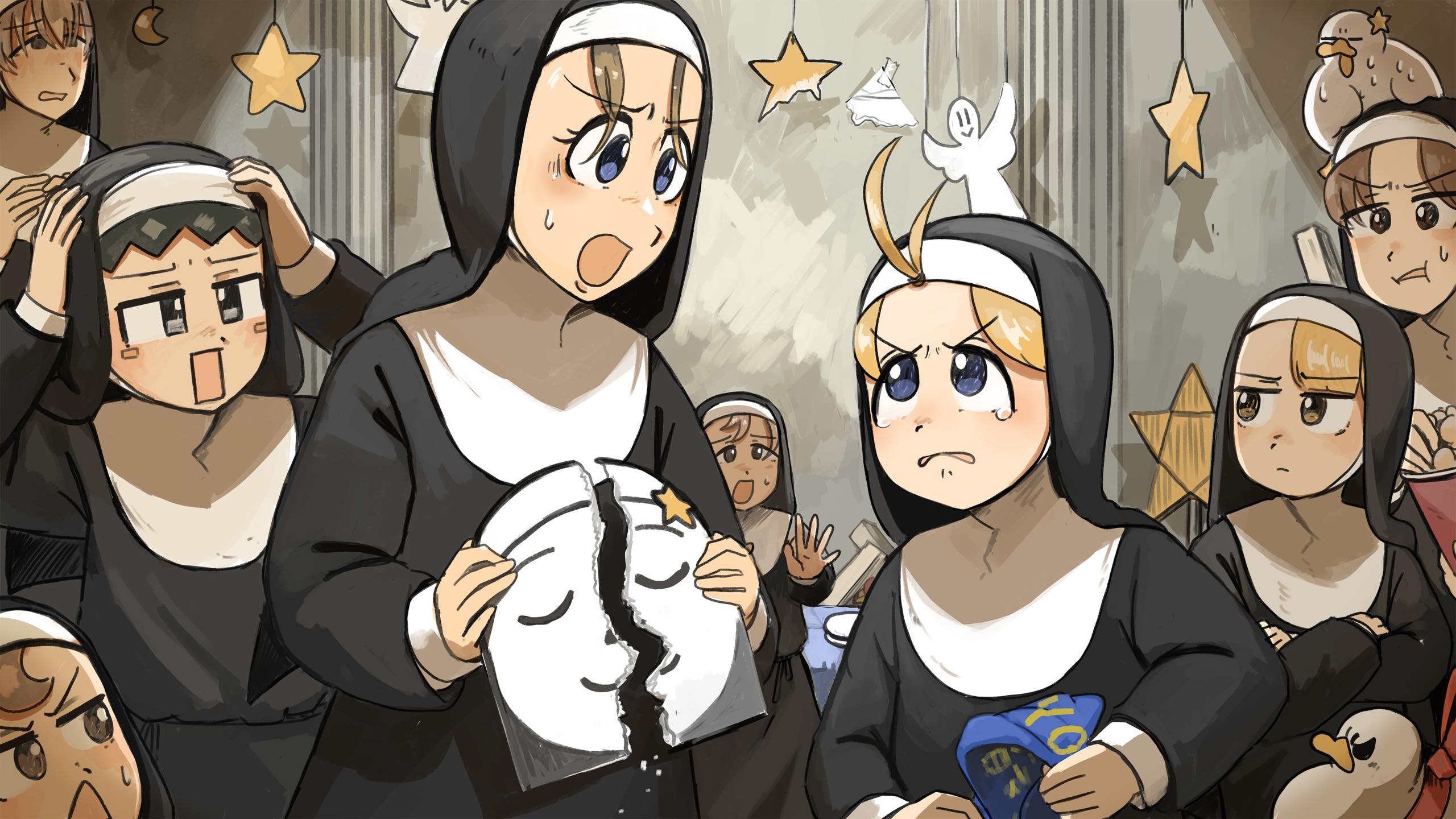 6+girls angry bird black_hair blonde_hair blue_eyes brown_eyes brown_hair chicken clumsy_nun_(diva) commentary crossed_arms diva_(hyxpk) duck english_commentary froggy_nun_(diva) grey_hair highres hungry_nun_(diva) little_nuns_(diva) multiple_girls nervous_sweating nun rectangular_mouth spicy_nun_(diva) star_(symbol) sweat torn_paper traditional_nun triangle_mouth yellow_eyes