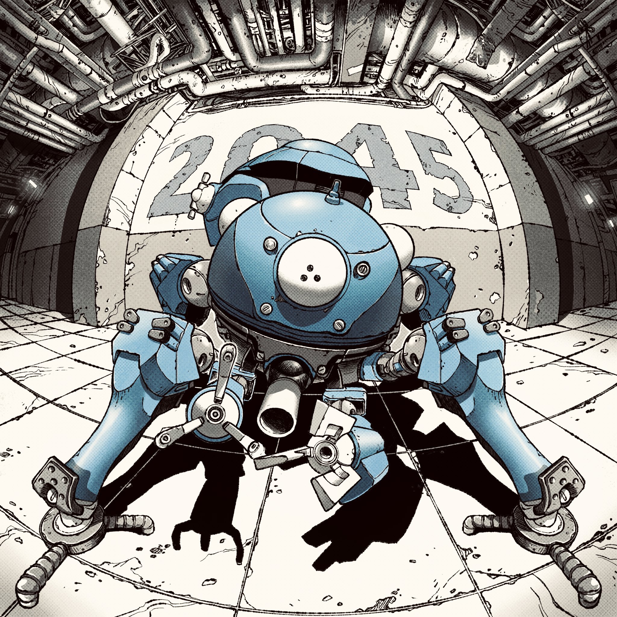 claws fisheye ghost_in_the_shell highres industrial_pipe looking_at_viewer mecha no_humans omao open_hands robot science_fiction shadow solo tachikoma