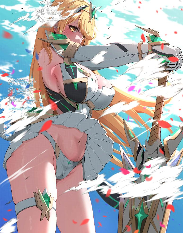 1girl adversarial_noise aegis_sword_(xenoblade) blonde_hair breasts cameltoe cleavage_cutout clothing_cutout covered_erect_nipples dress headpiece huge_breasts jewelry long_hair mercury_xeno microdress mythra_(xenoblade) navel panties petals planted planted_sword planted_weapon solo stomach swept_bangs sword thighlet thighs tiara underwear weapon white_panties wind wind_lift xenoblade_chronicles_(series) xenoblade_chronicles_2 yellow_eyes