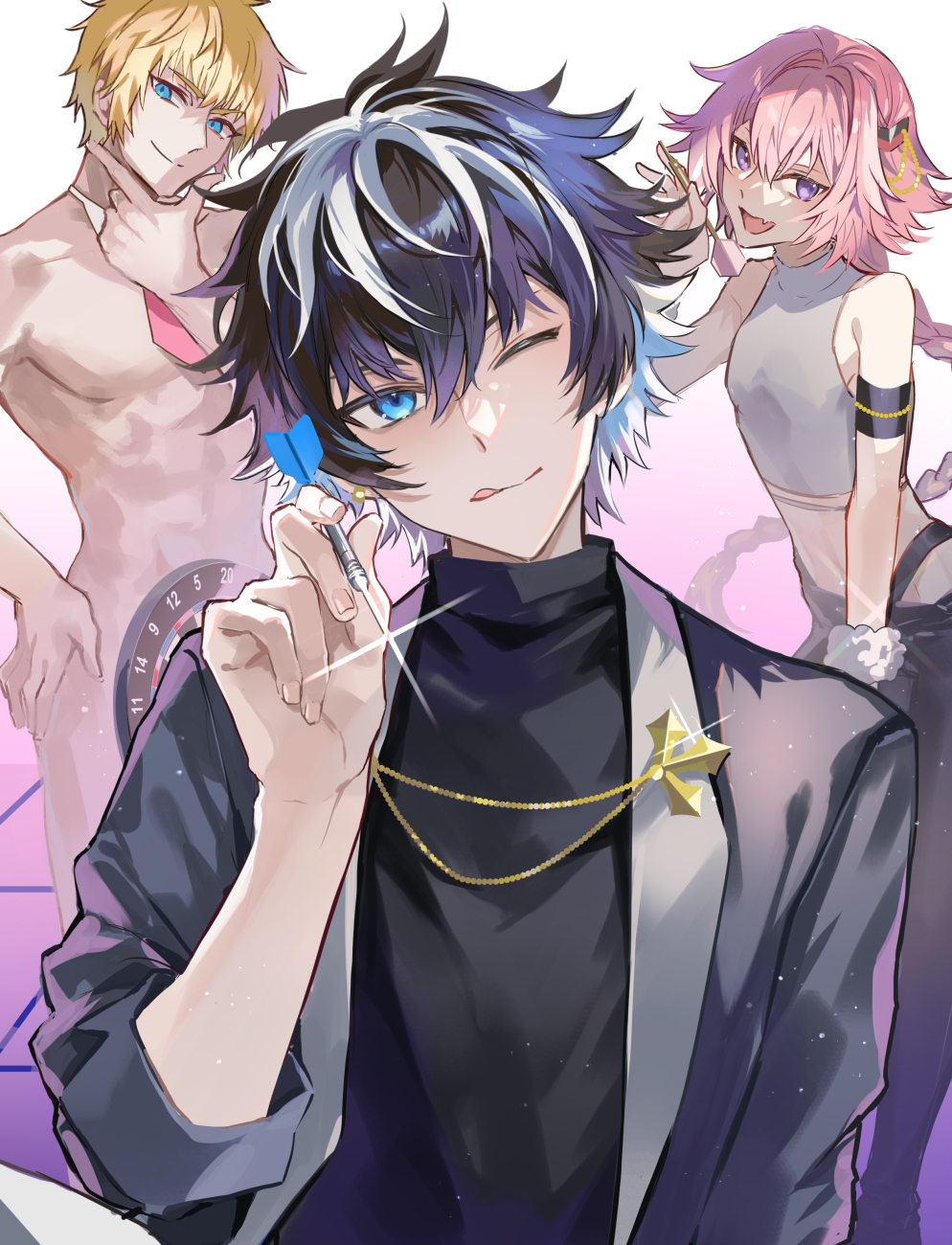 3boys :d ;q astolfo_(fate) black_hair black_pants black_shirt blonde_hair blue_eyes braid charlemagne_(fate) charlemagne_(three_in_the_black)_(fate) covering_privates dart dartboard detached_collar fang fate/grand_order fate_(series) feet_out_of_frame glint gradient_background grey_jacket hair_between_eyes hair_intakes hair_ornament hand_on_own_chin head_tilt highres holding_dart jacket lapels light_particles long_hair looking_at_viewer male_focus multicolored_hair multiple_boys necktie nude nude_cover one_eye_closed open_mouth pants pink_background pink_hair pink_necktie poppoman purple_eyes roland_(fate) shawl_lapels shirt short_hair single_braid skin_fang sleeveless sleeveless_turtleneck sleeveless_turtleneck_crop_top smile streaked_hair tongue tongue_out trap turtleneck turtleneck_crop_top upper_body v white_background white_hair white_shirt wrist_cuffs