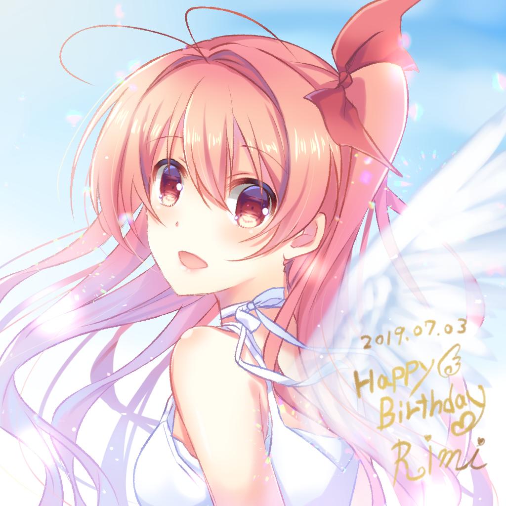 1girl 2019 :d antenna_hair bow chaos;head character_name choker dated floating_hair from_side hair_between_eyes hair_bow hair_intakes happy_birthday long_hair looking_at_viewer nishijou_myu open_mouth pink_hair red_bow red_eyes ribbon ribbon_choker sakihata_rimi side_ponytail sleeveless smile solo upper_body very_long_hair white_ribbon white_wings wings