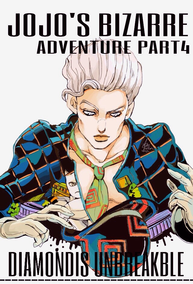 1boy 1other black_hair blue_hat blue_jacket bowler_hat collarbone commentary commentary_request dead_man&#039;s_questions diamond_wa_kudakenai english_text formal_clothes gloves green_necktie hat jacket jojo_no_kimyou_na_bouken killer_queen kira_yoshikage male_focus marin_(marine-sky-earth) necktie stand_(jojo) suit unworn_hat unworn_headwear white_background white_eyes white_gloves white_hair