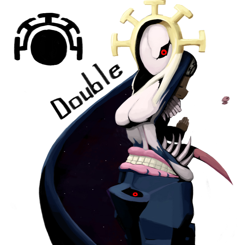 character_name double_(skullgirls) hands_together head_accessory lips logo monster red_eyes simple_background skullgirls teeth two_heads white_background