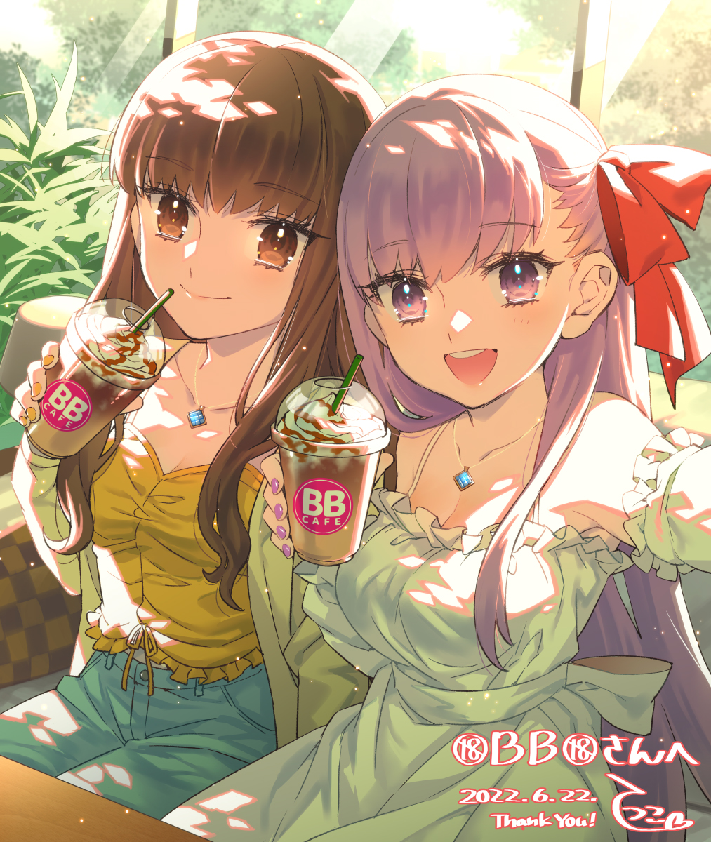 2girls :d bare_shoulders bb_(fate) breasts brown_eyes brown_hair commentary_request cup denim detached_sleeves dress drinking_straw fate/extra fate/extra_ccc fate_(series) frappuccino hair_ribbon highres holding holding_cup jeans jewelry kishinami_hakuno_(female) long_hair looking_at_viewer medium_breasts multiple_girls nail_polish necklace open_mouth pants purple_eyes purple_hair red_ribbon ribbon shirt signature smile tetsukuzu_tetsuko white_dress yellow_shirt