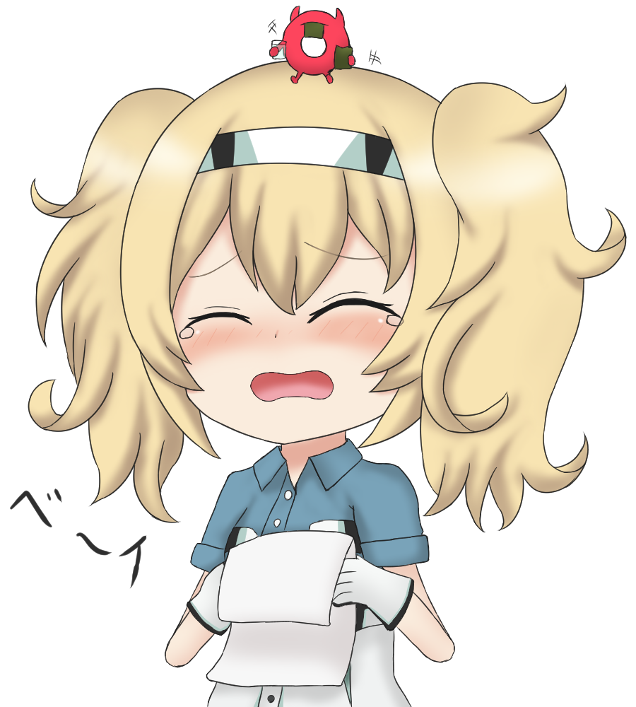 1girl blonde_hair blue_shirt blush child crying enemy_lifebuoy_(kancolle) etowaaru closed_eyes gambier_bay_(kancolle) gloves headband kantai_collection open_mouth shirt simple_background white_background white_gloves