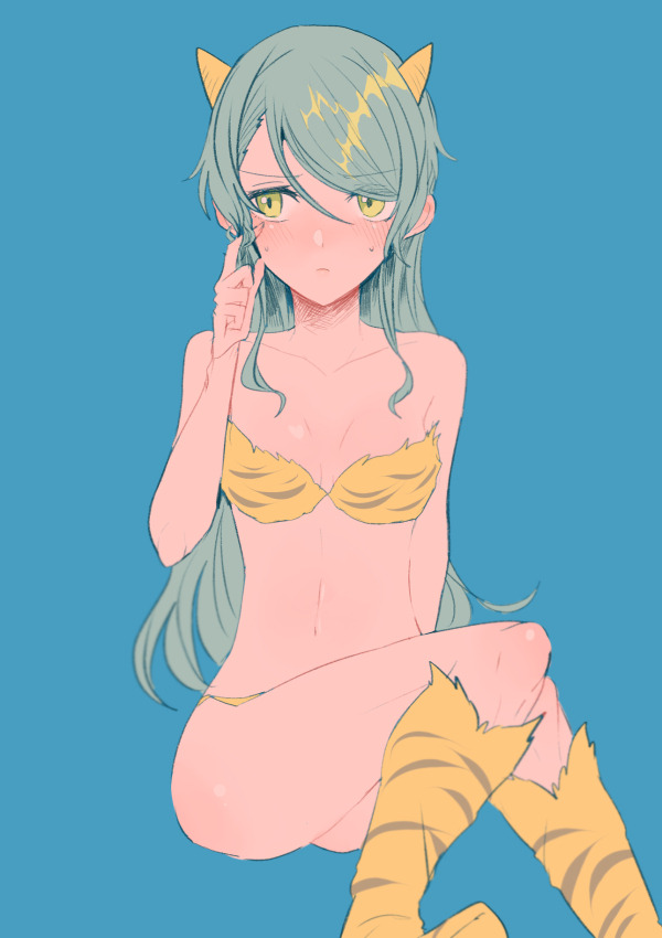 1girl animal_print aqua_hair bang_dream! bikini blue_background breasts collarbone cone_horns embarrassed hikawa_sayo horns invisible_chair itomugi-kun long_hair looking_to_the_side lum print_bikini print_boots simple_background sitting solo swimsuit tiger_print urusei_yatsura