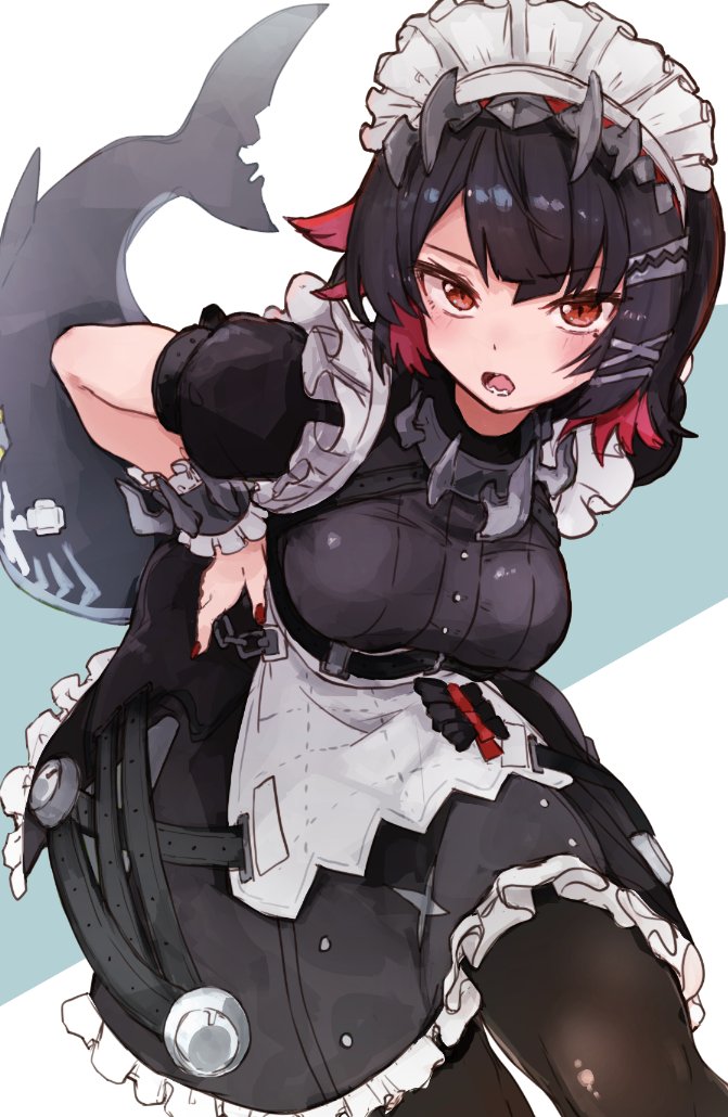 1girl black_dress black_hair black_pantyhose colored_inner_hair cowboy_shot dress ellen_joe fins fish_tail frilled_wristband hairband jamir looking_at_viewer maid_headdress metal_hairband mole mole_under_eye multicolored_hair open_mouth orange_eyes pantyhose razor_blade_hair_ornament red_nails shark_girl shark_tail short_hair spiked_headband tail zenless_zone_zero
