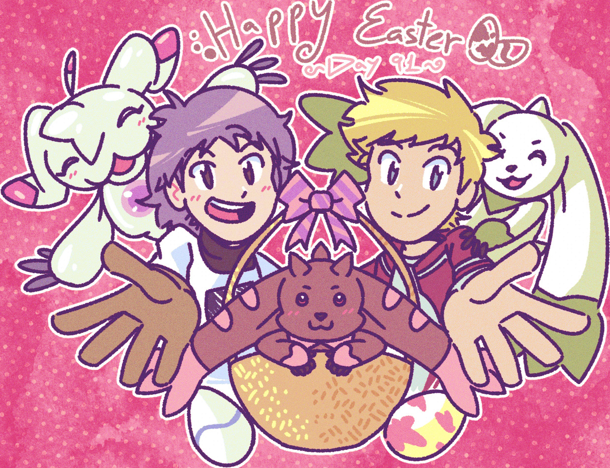 closed_eyes digimon digimon_(creature) digimon_adventure_02 digimon_adventure_02:_digimon_hurricane_jouriku!!_chouzetsu_shinka!!_ougon_no_digimental digimon_adventure_02:_the_beginning easter easter_egg egg horns looking_at_viewer lopmon owada_rui rabbit smile terriermon ukkomon wallace_(digimon)