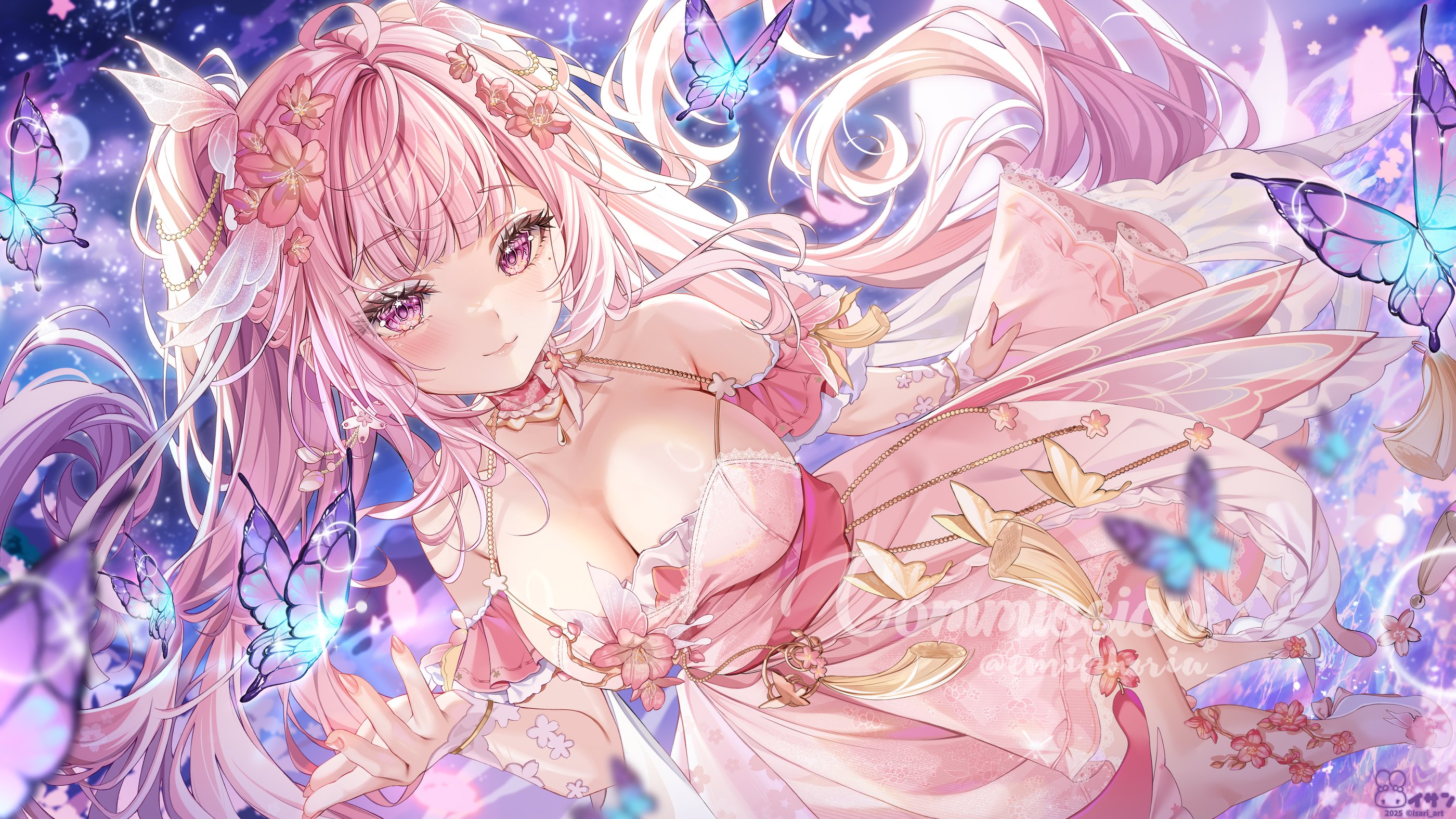 1girl bare_shoulders blush breasts bug butterfly cleavage closed_mouth collarbone commentary commission dated detached_sleeves dress english_commentary fingernails full_body hand_up high_heels highres indie_virtual_youtuber insect isari_sensei large_breasts light_smile long_hair looking_at_viewer nail_polish pink_dress pink_hair pink_nails purple_butterfly purple_eyes shoes sleeveless sleeveless_dress solo star_(symbol) star_in_eye symbol_in_eye tassel twitter_username very_long_hair virtual_youtuber white_shoes