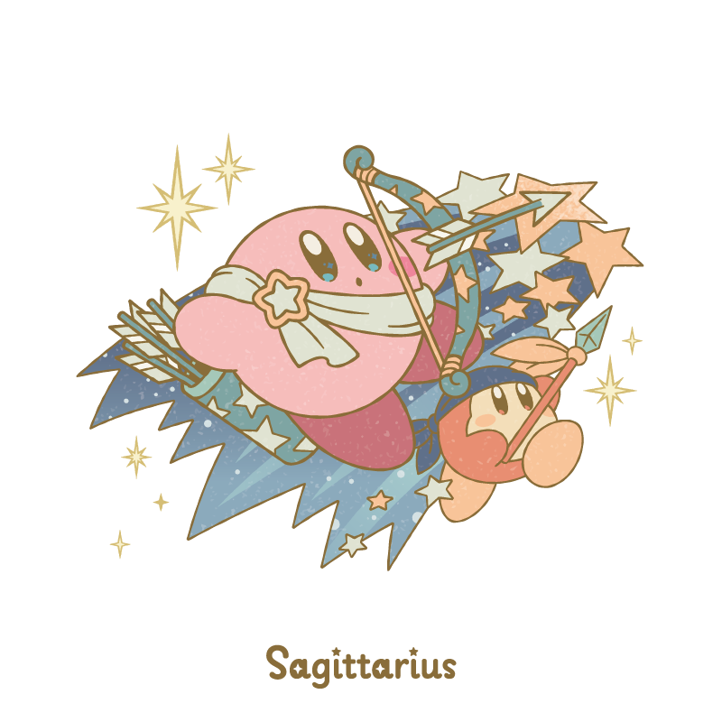 :o arrow_(projectile) artist_request bandana bandana_waddle_dee blue_bandana blush blush_stickers bow_(weapon) holding holding_bow_(weapon) holding_polearm holding_weapon kirby kirby_(series) nintendo official_art open_mouth polearm quiver sagittarius_(zodiac) sash second-party_source spear star_(symbol) transparent_background weapon white_sash zodiac