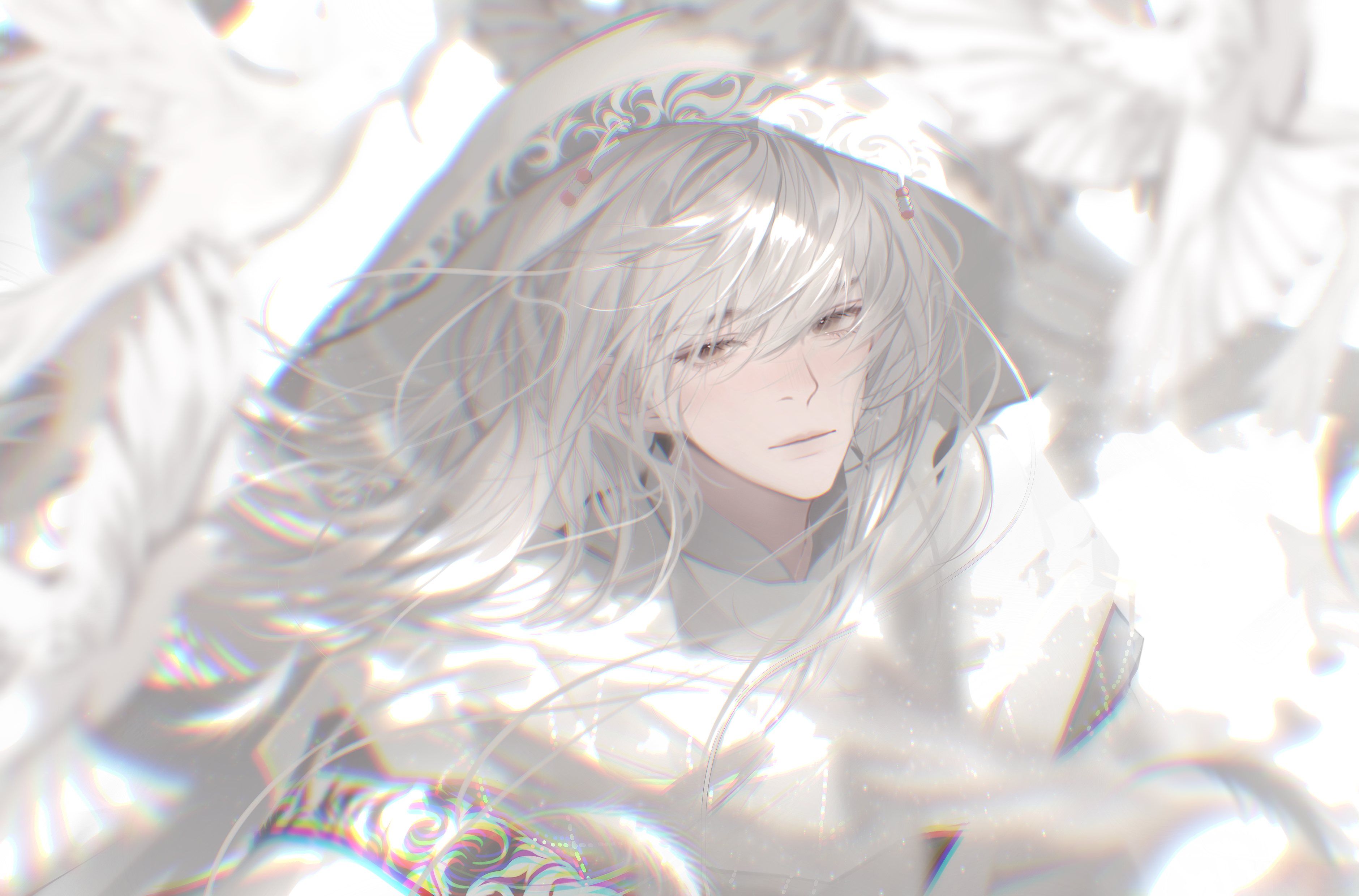 1boy absurdres bird blurry blurry_background blurry_foreground chinese_clothes closed_mouth floating_hair grey_eyes hair_between_eyes hanfu highres jinguang_budaixi light_particles long_hair looking_at_viewer male_focus portrait qiao_rulai solo swept_bangs three_quarter_view turkey223333 veil white_bird white_hanfu white_veil