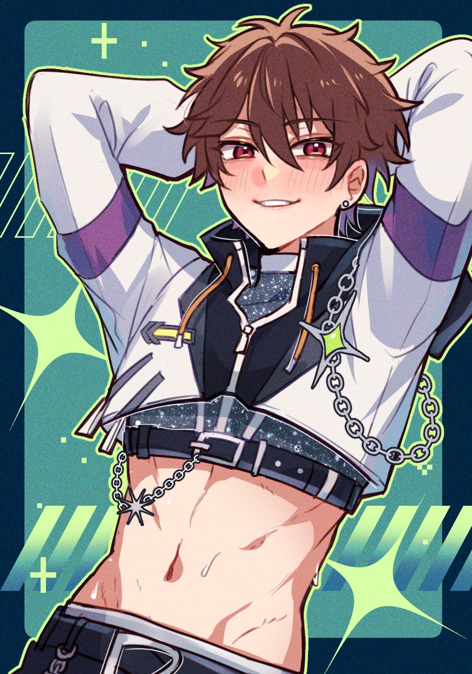 1boy arms_behind_head blush brown_hair chain crop_top cropped_jacket ear_piercing ensemble_stars! hair_between_eyes highres jacket looking_at_viewer male_focus midriff morisawa_chiaki navel neki_(nekiansu0918) official_alternate_costume piercing red_eyes short_hair smile solo sweatdrop white_jacket