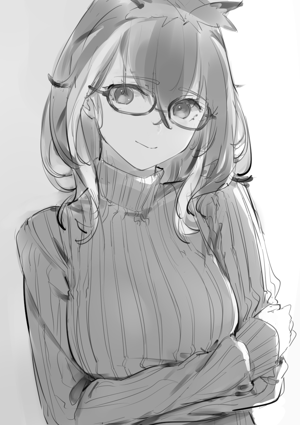 1girl alternate_costume arms_under_breasts atsushima breasts closed_mouth crossed_arms glasses greyscale highres long_sleeves looking_at_viewer medium_breasts monochrome nanashi_inc. oura_rukako simple_background smile solo sweater turtleneck turtleneck_sweater upper_body virtual_youtuber