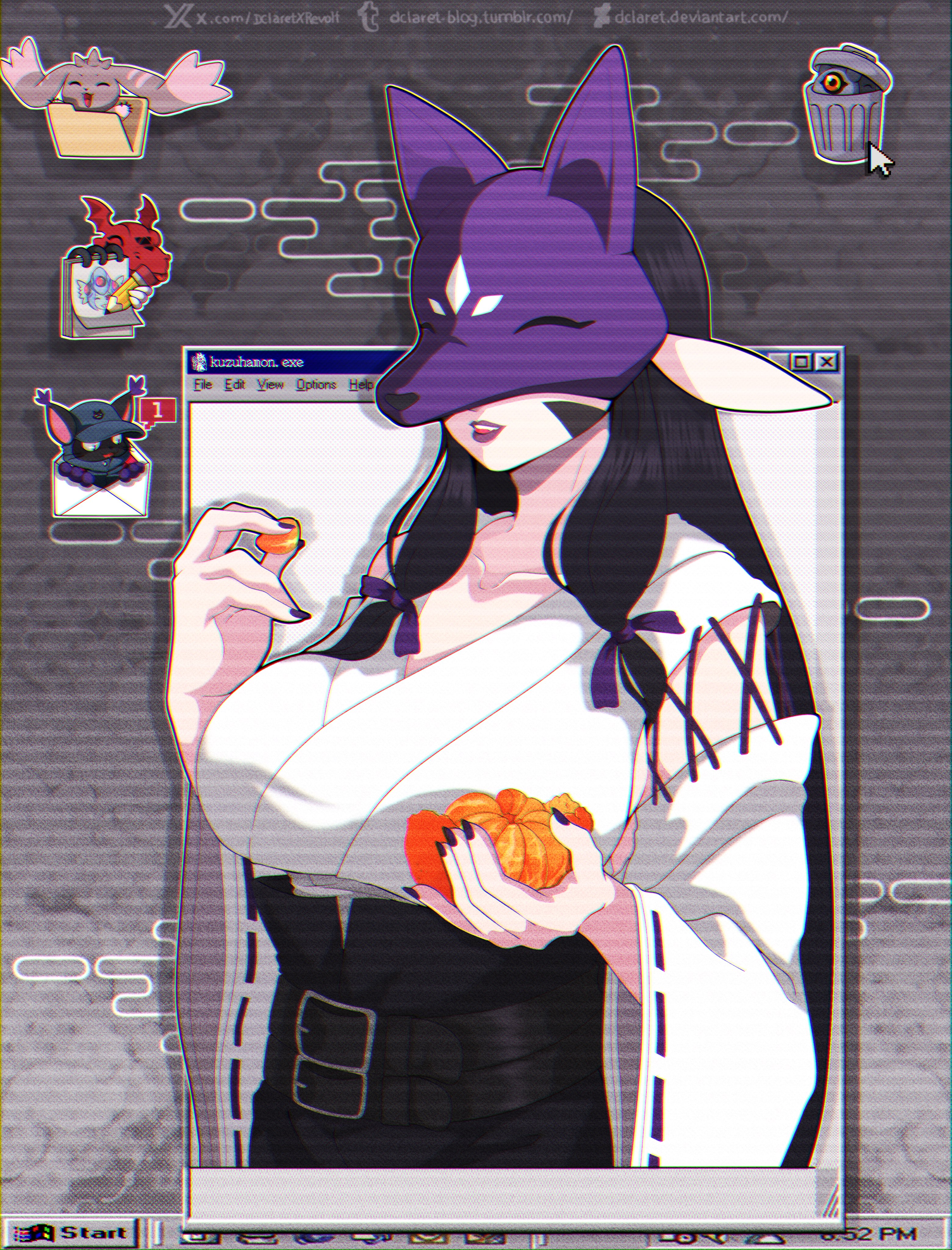 1girl absurdres black_hair blacktailmon_uver. breasts collarbone dclaret desktop_(computing) digimon digimon_(creature) fox_mask guilmon highres kuramon kuzuhamon_miko_mode large_breasts lipstick long_hair lopmon makeup mask microsoft_windows nail_polish solo_focus twitter_username watermark web_address windows_95 windows_98 windows_classic