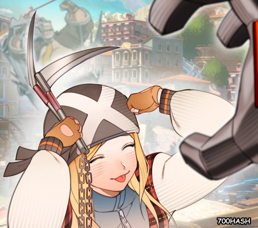 2boys 700hash :p ^_^ ah_eto..._bleh_(meme) arms_up artist_name axl_low bandana clenched_hands closed_eyes closed_mouth commentary english_commentary fingerless_gloves game_screenshot_background gloves goldlewis_dickinson guilty_gear guilty_gear_strive hands_on_own_head hands_up hat jacket kama_(weapon) long_hair long_sleeves male_focus meme multiple_boys plaid potemkin_(guilty_gear) red_jacket screenshot_background sickle solo_focus tongue tongue_out upper_body weapon