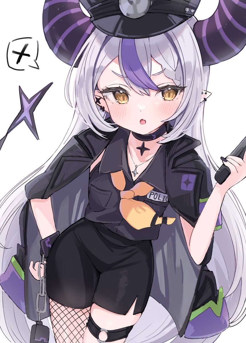 1girl alternate_costume breasts collar grey_hair hair_ornament hay highres hololive horns huge_horns ichipon1515 jacket la+_darknesss long_hair looking_at_viewer multicolored_hair police police_uniform policewoman purple_collar purple_hair simple_background small_breasts smile solo streaked_hair striped_horns virtual_youtuber white_background yellow_eyes