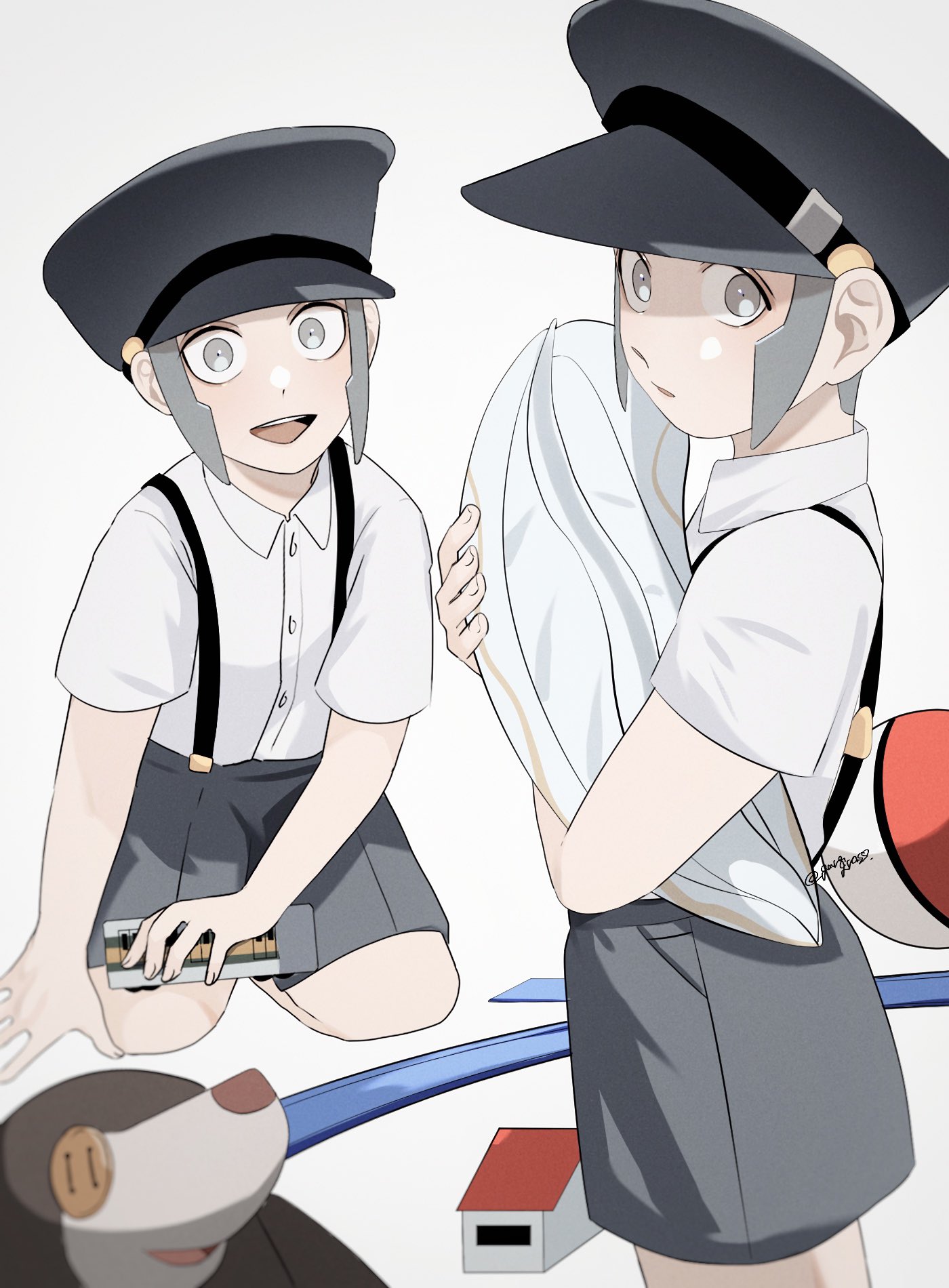 1boy :d aged_down black_headwear brothers buttons character_doll collared_shirt commentary_request drilbur gen_5_pokemon grey_eyes grey_hair grey_shorts gura_(zaxtusyku1111) hat highres holding ingo_(pokemon) long_sideburns male_focus multiple_views nintendo open_mouth peaked_cap pokemon pokemon_bw shirt short_hair short_sleeves shorts siblings sideburns smile suspenders teeth tongue tynamo upper_teeth_only white_shirt