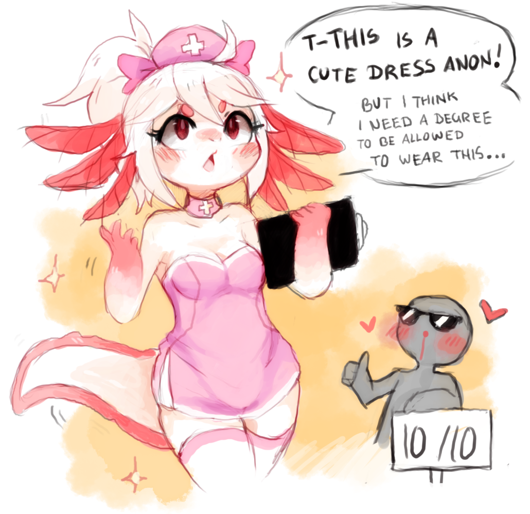 1girl anonymous_(4chan) axolotl bare_shoulders blood blush breasts choker cleavage clipboard commentary english_text eyelashes furry furry_female hat looking_up nosebleed nurse nurse_cap open_mouth original ponytail red_eyes sign sparkle suikuzu sunglasses tail thighhighs tumblr vika_(yellowfur) white_hair zettai_ryouiki
