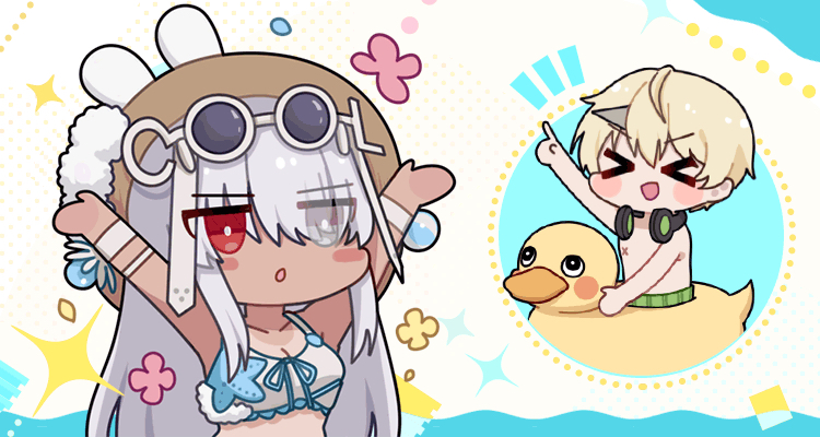 &gt;_&lt; 1boy 1girl :o alpha_(pgr) alternate_costume arms_up bikini blonde_hair breasts bright_pupils brown_hat chibi chibi_only chinese_commentary cleavage collarbone commentary_request duck_innertube euyueuy eyes_visible_through_hair eyewear_on_head green_male_swimwear grey_eyes hair_over_one_eye hat headphones headphones_around_neck heterochromia kamui_(pgr) long_hair looking_ahead lucia:_crimson_abyss_(seaside_sunbath)_(pgr) male_focus male_swimwear medium_breasts official_alternate_costume official_art open_mouth pointing pointing_up punishing:_gray_raven red_eyes short_hair simple_background smile sunglasses swimsuit tan tanline upper_body white_background white_bikini white_hair white_pupils