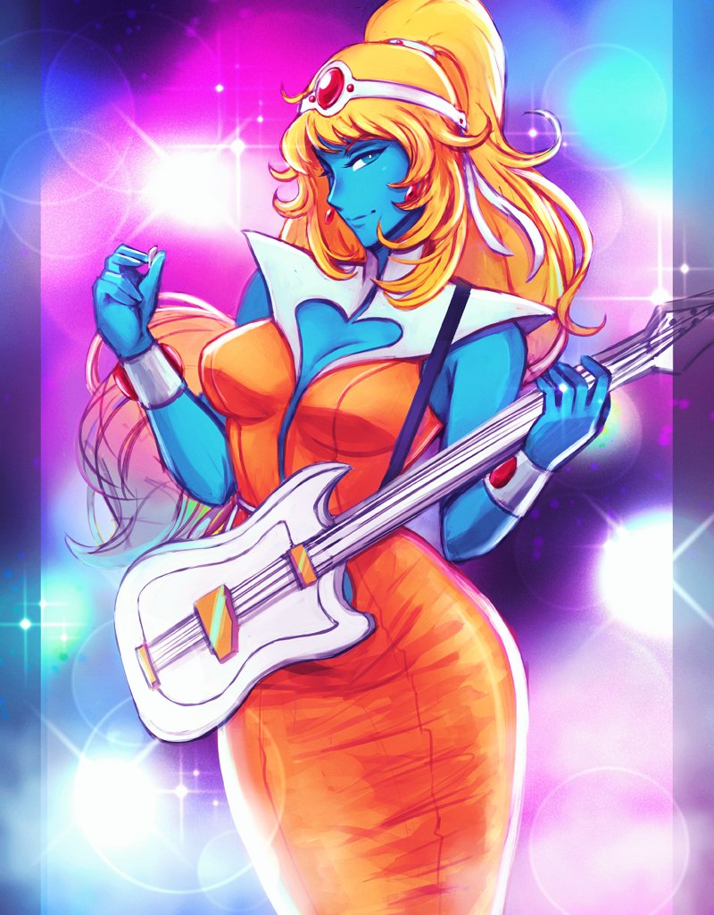 1girl alien blonde_hair blue_eyes blue_skin bracer breasts center_opening circlet clothing_cutout colored_skin commentary curvy daft_punk dress electric_guitar english_commentary forehead_jewel guitar heart_cutout heavy_lens_flare high_ponytail iahfy instrument interstella_5555 lens_flare long_dress long_hair looking_at_viewer medium_breasts music orange_dress playing_instrument ponytail solo stella_(interstella_5555)