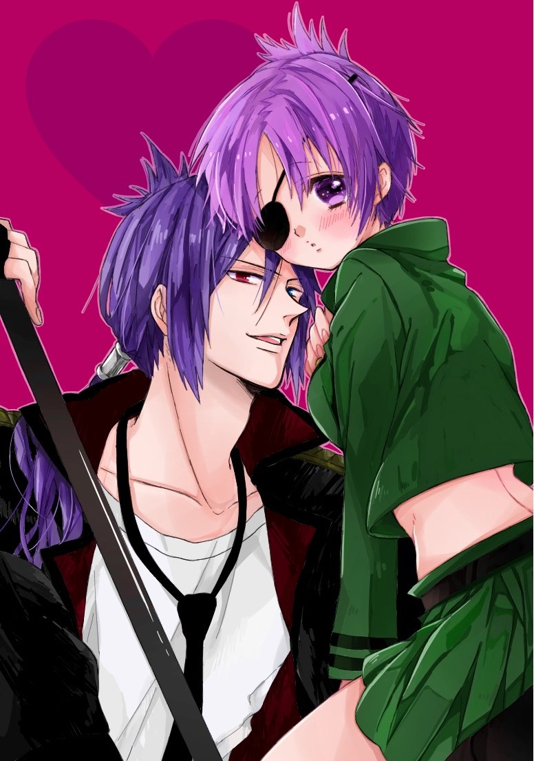 1boy 1girl blue_eyes blue_hair chrome_dokuro eyepatch heterochromia katekyo_hitman_reborn! looking_at_viewer midriff necktie nkoooch open_mouth polearm purple_eyes purple_hair red_eyes rokudou_mukuro school_uniform short_hair simple_background skirt smile weapon