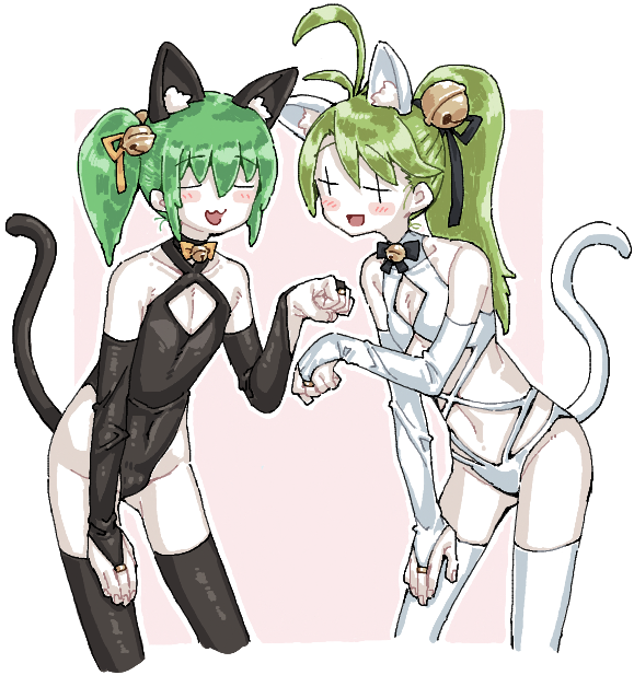 +_+ 2girls :3 animal_ears bell black_bodysuit black_bridal_gauntlets black_thighhighs blush bodysuit bridal_gauntlets cat_ears cat_tail catsuit closed_eyes colored_skin cookie_(touhou) covered_navel cowboy_shot daiyousei diyusi_(cookie) fake_animal_ears fake_tail green_hair hair_bell hair_ornament hair_ribbon high_side_ponytail jingle_bell man_(man-room) multiple_girls open_mouth orange_ribbon paw_pose pink_background ribbon smile tail thighhighs tone_sphere touhou trin_(tone_sphere) two-tone_background white_background white_bodysuit white_bridal_gauntlets white_skin white_thighhighs