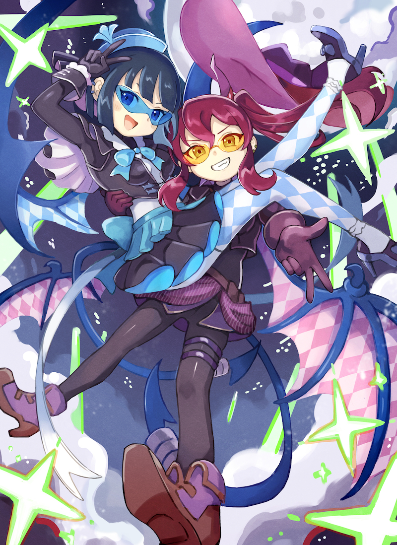 2girls black_gloves black_skirt blue_bow blue_eyes blush boots bow breasts checkered_clothes checkered_legwear demon_girl demon_tail demon_wings duel_monster evil_twin_ki-sikil evil_twin_lil-la glasses gloves hand_on_another&#039;s_back hat high_heels ishii_(young-moon) ki-sikil_(yu-gi-oh!) lil-la_(yu-gi-oh!) long_hair long_sleeves looking_at_viewer medium_breasts moon multiple_girls open_mouth pink_gloves pink_hair skirt smile sunglasses tail teeth v wings yu-gi-oh!