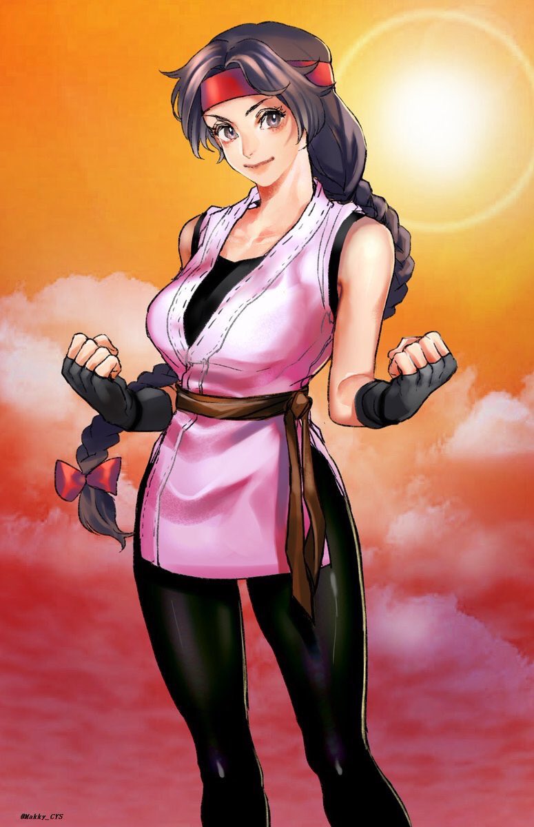 1girl braid breasts brown_eyes brown_hair closed_mouth cloud dougi fingerless_gloves gloves headband highres lips long_hair looking_at_viewer makky_(makky-cys) red_headband ryuuko_no_ken single_braid smile solo spandex sun the_king_of_fighters yuri_sakazaki