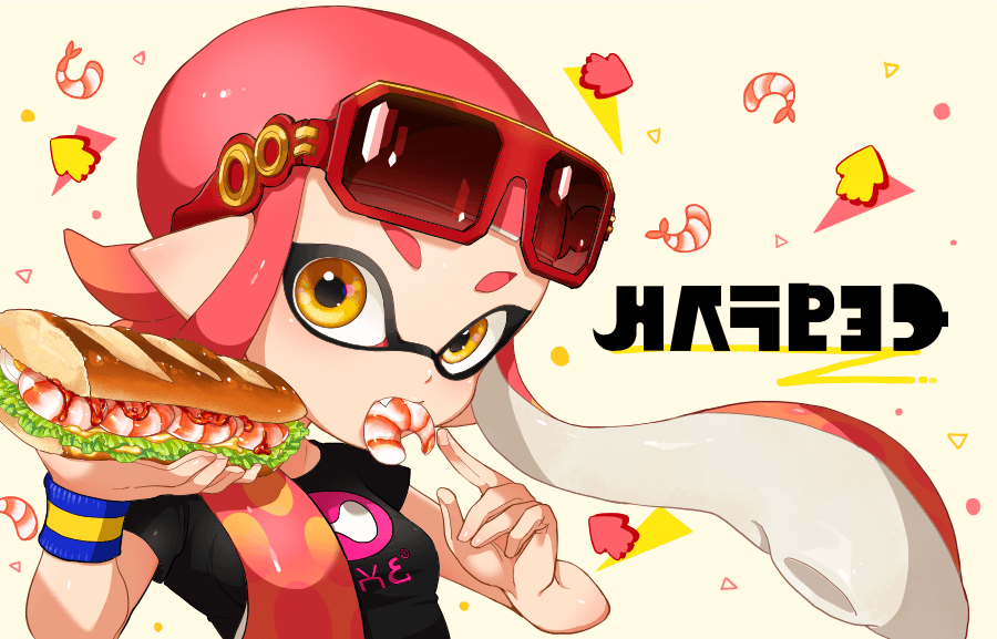 1girl baguette black_shirt bread breasts commentary_request eating eyewear_on_head fang food food_in_mouth holding holding_food inkling inkling_(language) inkling_girl inkling_player_character long_hair looking_at_viewer mouth_hold nintendo pink_hair pointy_ears red-framed_eyewear shirt short_sleeves shrimp small_breasts solo splatoon_(series) sunglasses sweatband t-shirt tentacle_hair twintails upper_body wristband yellow_eyes yeneny