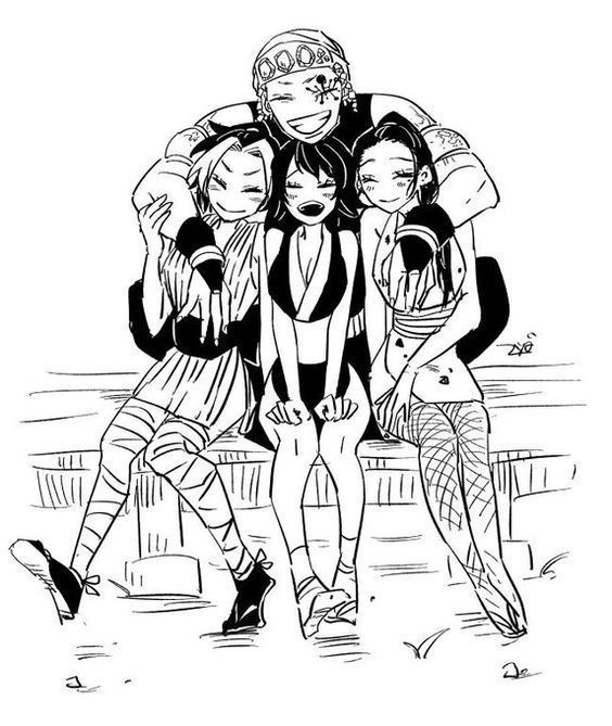 1boy 3girls breasts cleavage closed_eyes greyscale grin hinatsuru_(kimetsu_no_yaiba) husband_and_wives kimetsu_no_yaiba large_breasts long_hair makio_(kimetsu_no_yaiba) monochrome multicolored_hair multiple_girls ninja open_mouth polygamy sitting smile suma_(kimetsu_no_yaiba) two-tone_hair uzui_tengen