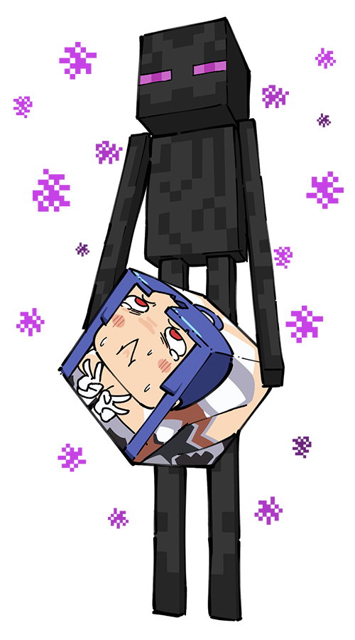 1boy 1girl :&lt; alternate_form blue_hair blush_stickers bodysuit boxification breasts carrying carrying_person crossover enderman forced full_body high_ponytail minecraft moaning parody ponytail pun red_eyes rolling_eyes sweat taimanin_(series) taimanin_asagi taimanun tears trait_connection transparent_background v what yatsu_murasaki