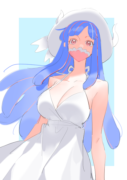 alternate_costume blue_hair breasts cleavage covered_mouth dress horns large_breasts long_hair looking_at_viewer mask mouth_mask multicolored_hair one_piece pink_eyes pink_hair pink_mask raine_(acke2445) streaked_hair ulti_(one_piece) white_dress white_horns