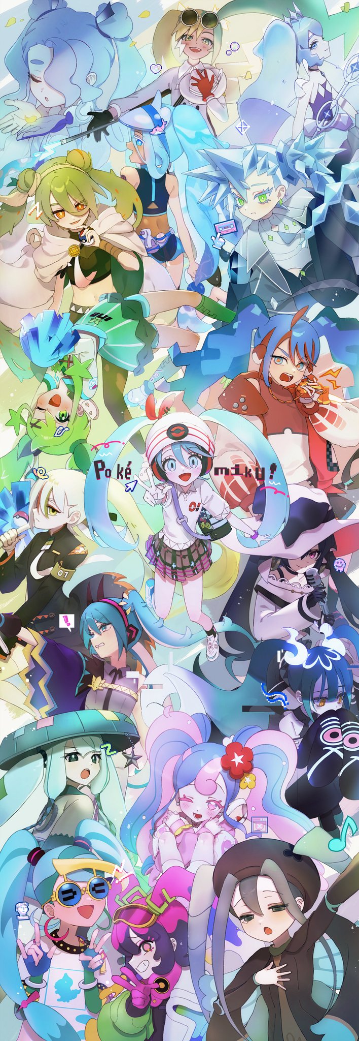 6+girls ^_^ aqua_hair armband beanie black_gloves blue_eyes blue_hair breasts bug_miku_(project_voltage) cape chibi closed_eyes copyright_name crystal_hair dark_miku_(project_voltage) detached_legs detached_sleeves double_bun dragon_miku_(project_voltage) dress electric_miku_(project_voltage) eyewear_on_head fairy_miku_(project_voltage) fighting_miku_(project_voltage) fire_miku_(project_voltage) flat_chest flower flying_miku_(project_voltage) ghost_miku_(project_voltage) gloves goggles goggles_on_head gradient_hair grass_miku_(project_voltage) green_hair grey_hair ground_miku_(project_voltage) hair_between_eyes hair_bun hair_flower hair_ornament hair_over_one_eye hat hatsune_miku highres ice_hair ice_miku_(project_voltage) jumpsuit korean_text leg_warmers liquid_hair long_hair multicolored_hair multiple_girls nintendo normal_miku_(project_voltage) one_eye_closed open_clothes open_mouth pants pantyhose pink_hair poison_miku_(project_voltage) poke_ball pokemon pom_pom_(cheerleading) project_voltage psychic_miku_(project_voltage) purple_hair red_flower red_gloves rock_miku_(project_voltage) shirt shoes short_sleeves simple_background skirt sleeves_past_fingers sleeves_past_wrists small_breasts smile sneakers spiked_hair steel_miku_(project_voltage) streaked_hair sunglasses tiara torn_cape torn_clothes twintails very_long_hair visor_cap vocaloid water_miku_(project_voltage) white_hair ziban_d