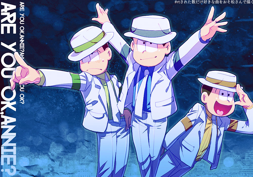 3boys arms_up blue_shirt blush green_shirt hand_to_head hat heart heart_in_mouth index_finger_raised jacket leaning_forward male_focus matsuno_choromatsu matsuno_jyushimatsu matsuno_karamatsu multiple_boys necktie osomatsu-san osomatsu_(series) pants porkpie_hat shirt show_chiku-by smile sweat white_jacket white_necktie white_pants yellow_shirt