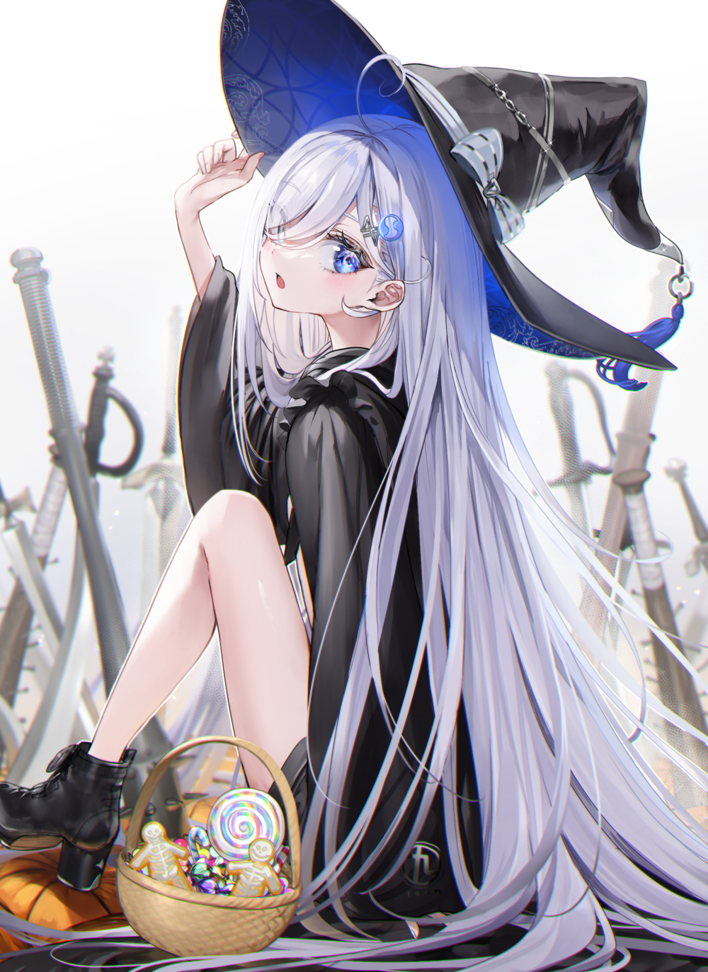 1girl arm_up baseball_cap basket black_footwear black_hat black_robe blue_eyes candy commentary_request eyes_visible_through_hair food gingerbread_man gradient_background grey_background grey_hair hair_over_one_eye hand_on_headwear hat high_heels highres lollipop long_sleeves nekometaru planted planted_sword planted_weapon robe shibou_yuugi_de_meshi_o_kuu solo swirl_lollipop sword textless_version weapon white_background wide_sleeves witch_hat yuuki_(shibou_yuugi)